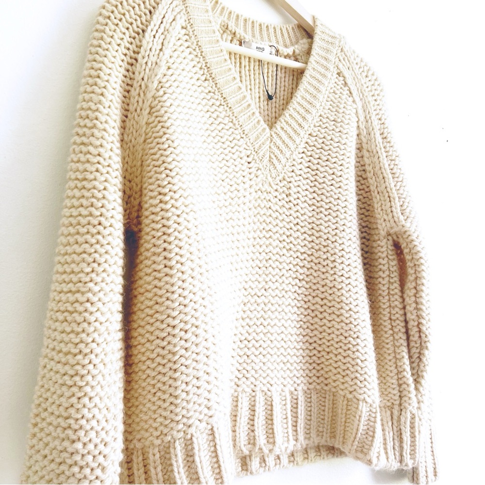 🤍Mango Cream V-Neck Sweater with Textured Knit